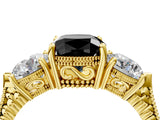 Yellow gold Three-Stone Fancy Black Cushion Cut Cut Milgrain Band Prong Setting Ring_4