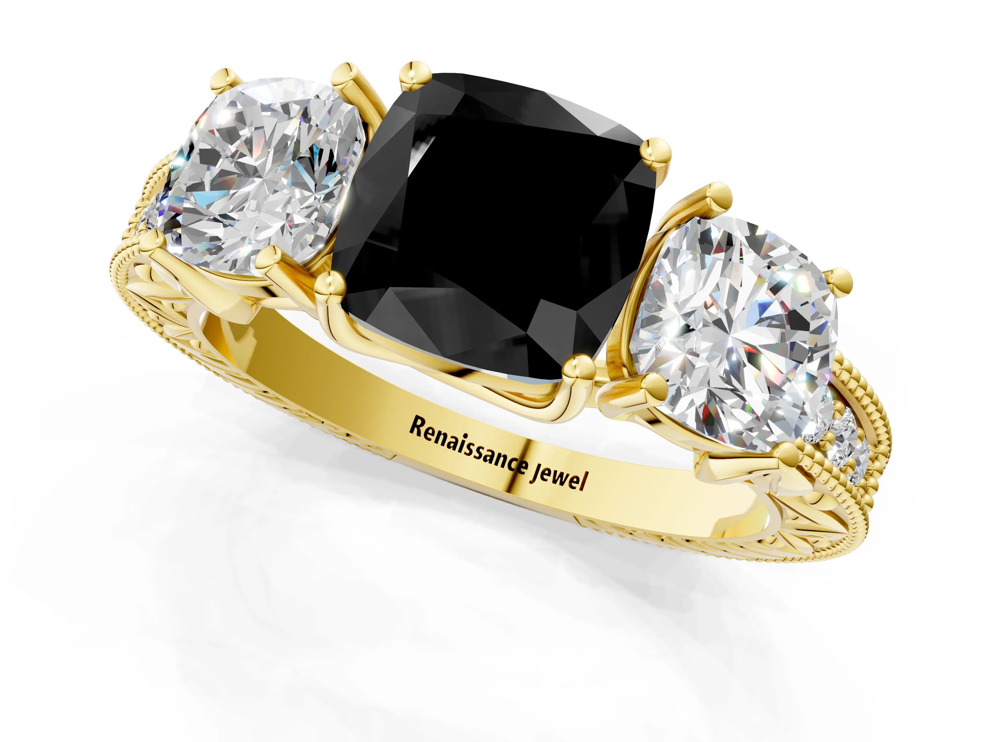 Yellow gold Three-Stone Fancy Black Cushion Cut Cut Milgrain Pavé Engagement Ring_1