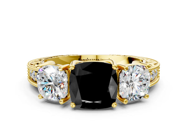 Yellow Gold Cushion Cut Engraved Three Stone Engagement Ring Setting for Black Center