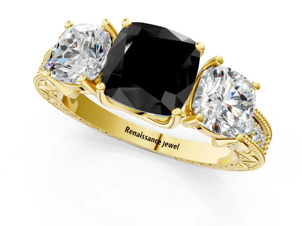 Yellow Gold Cushion Cut Engraved Three Stone Engagement Ring Setting for Black Center