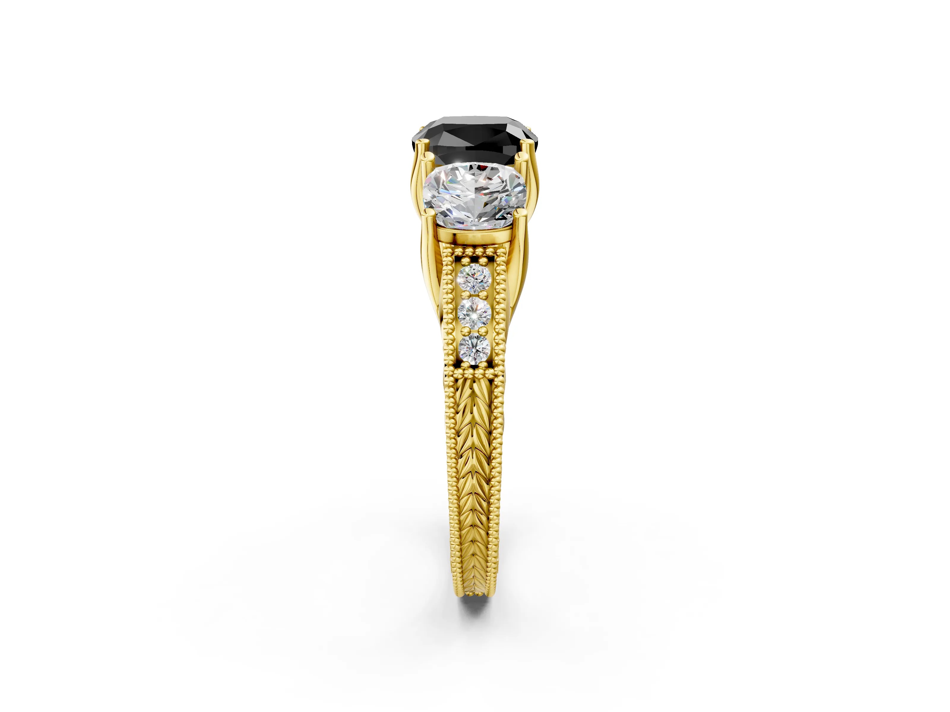 Yellow gold Three-Stone Fancy Black Cushion Cut Cut Milgrain Pavé Engagement Ring_14