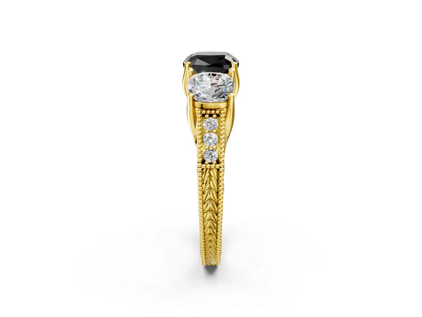 Yellow Gold Cushion Cut Engraved Three Stone Engagement Ring Setting for Black Center