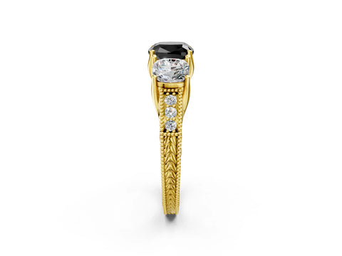 Yellow gold Three-Stone Fancy Black Cushion Cut Cut Milgrain Pavé Engagement Ring_14