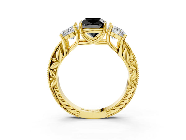 Yellow Gold Cushion Cut Engraved Three Stone Engagement Ring Setting for Black Center