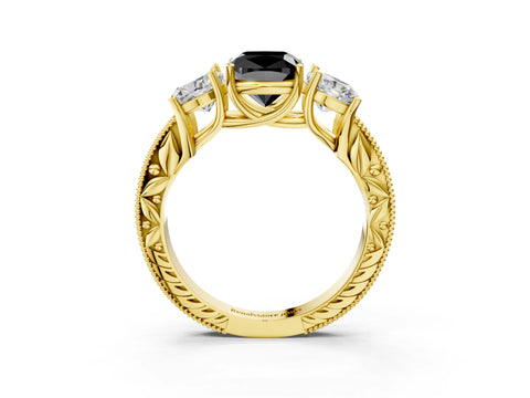 Yellow gold Three-Stone Fancy Black Cushion Cut Cut Milgrain Pavé Engagement Ring_15