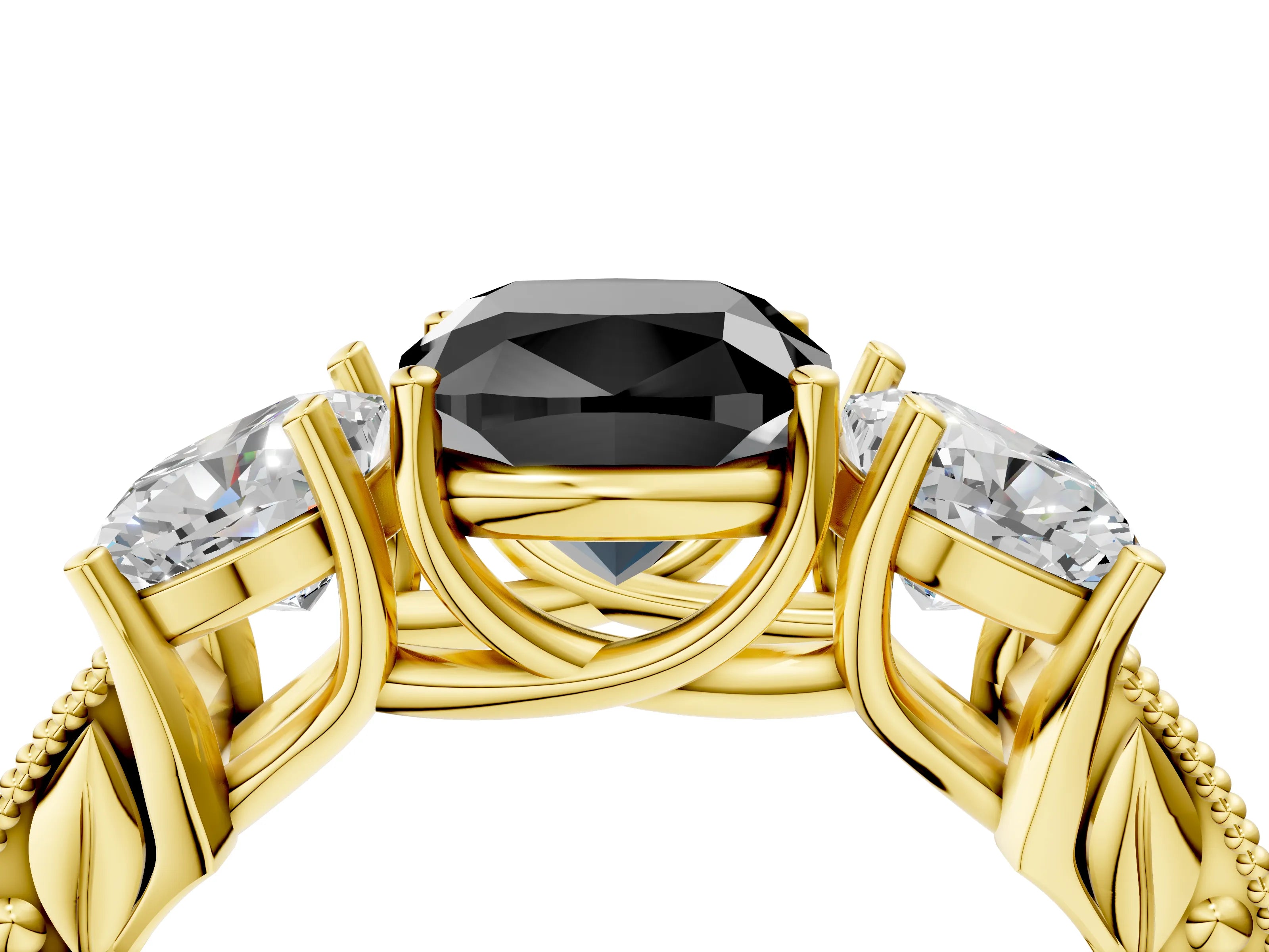 Yellow gold Three-Stone Fancy Black Cushion Cut Cut Milgrain Pavé Engagement Ring_16