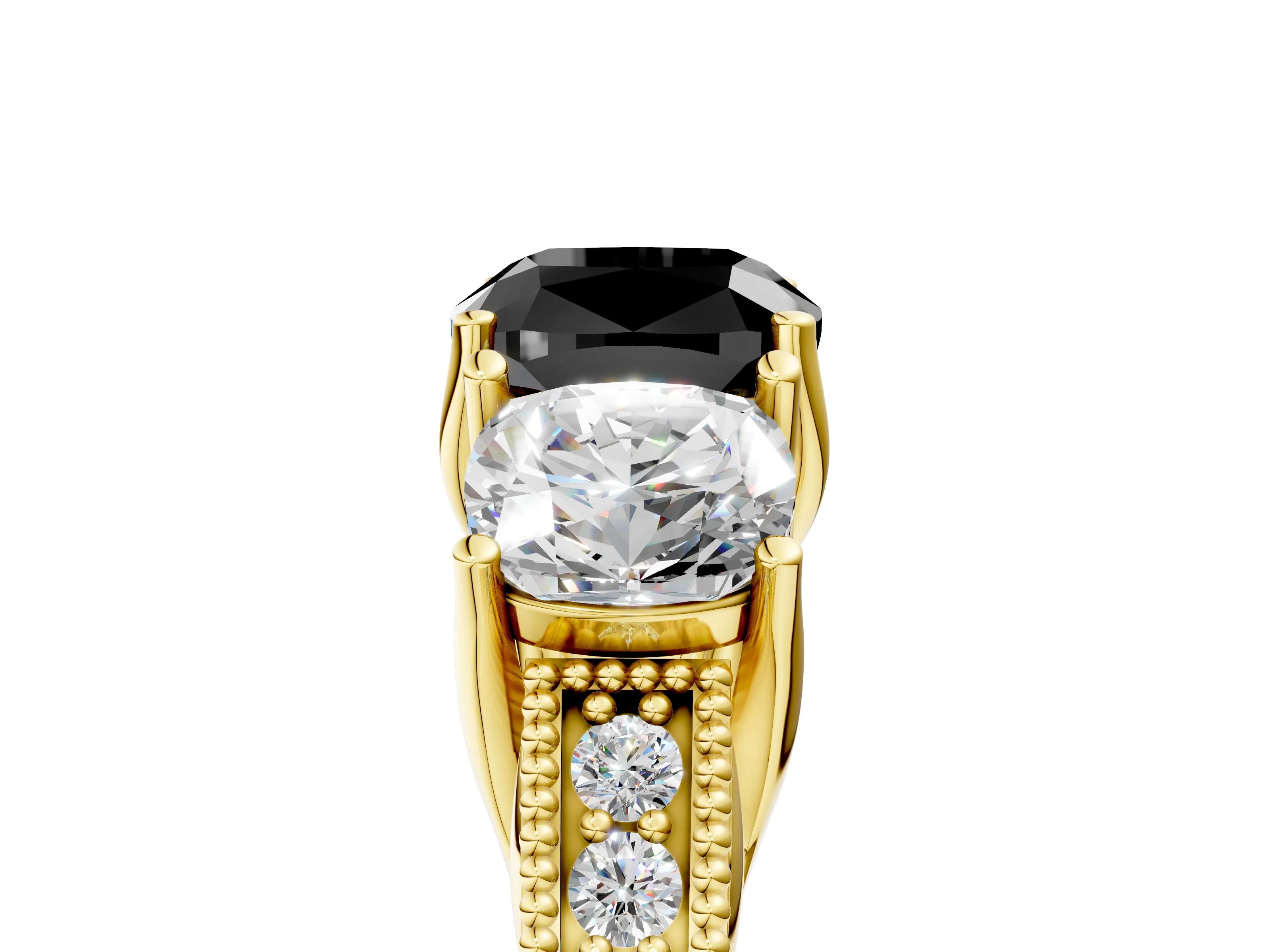 Yellow gold Three-Stone Fancy Black Cushion Cut Cut Milgrain Pavé Engagement Ring_17