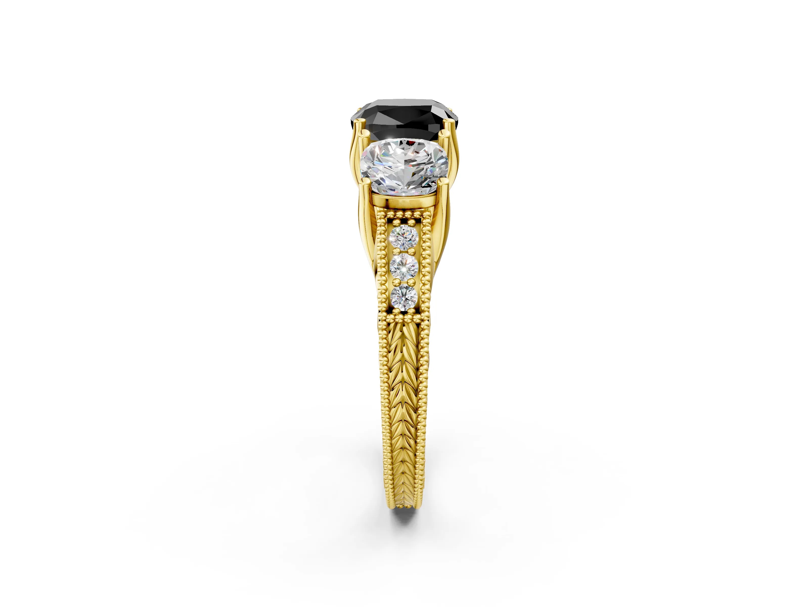 Yellow gold Three-Stone Fancy Black Cushion Cut Cut Milgrain Pavé Engagement Ring_2