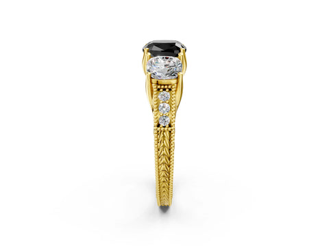 Yellow gold Three-Stone Fancy Black Cushion Cut Cut Milgrain Pavé Engagement Ring_2