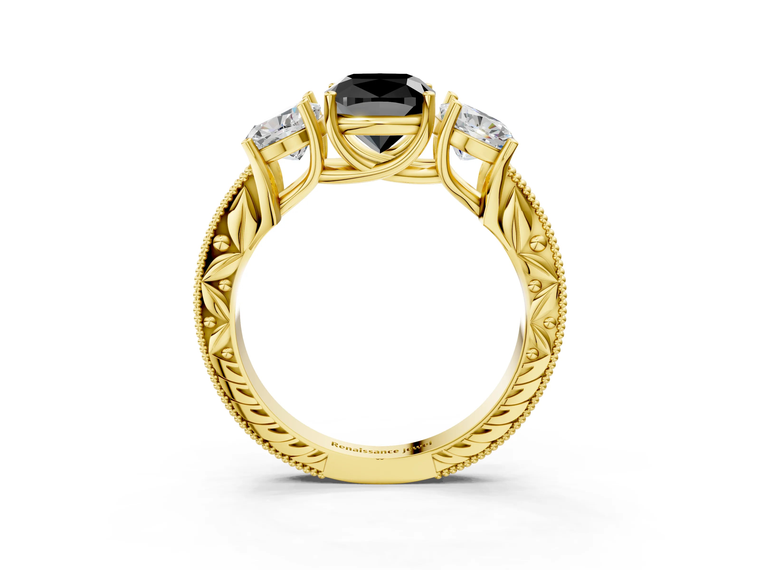 Yellow gold Three-Stone Fancy Black Cushion Cut Cut Milgrain Pavé Engagement Ring_3