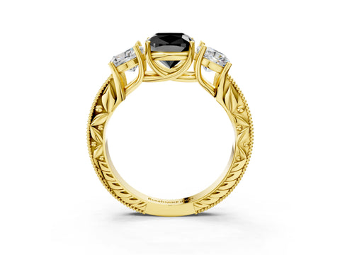 Yellow gold Three-Stone Fancy Black Cushion Cut Cut Milgrain Pavé Engagement Ring_3