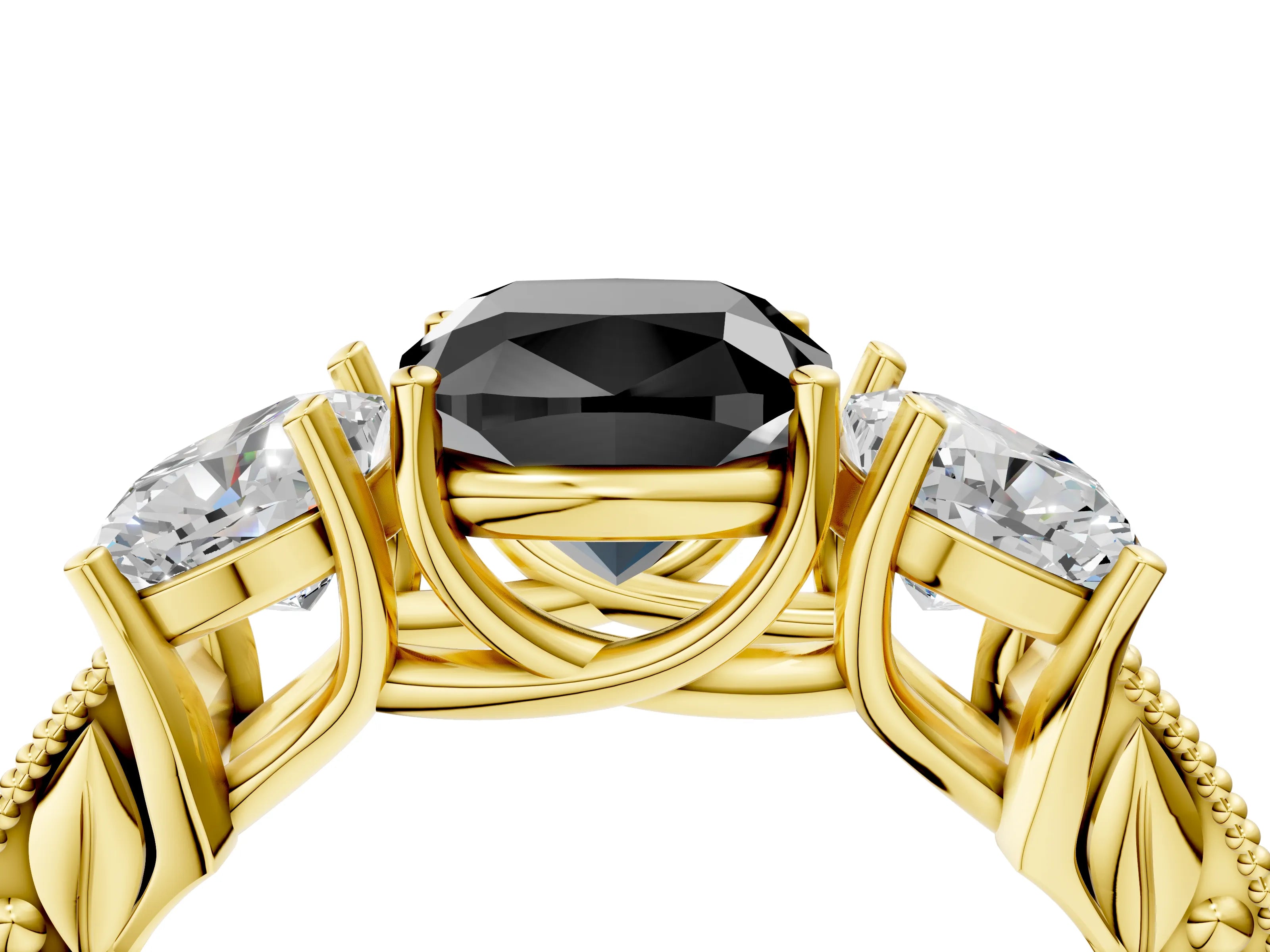 Yellow gold Three-Stone Fancy Black Cushion Cut Cut Milgrain Pavé Engagement Ring_4