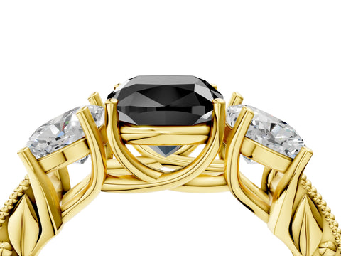 Yellow gold Three-Stone Fancy Black Cushion Cut Cut Milgrain Pavé Engagement Ring_4