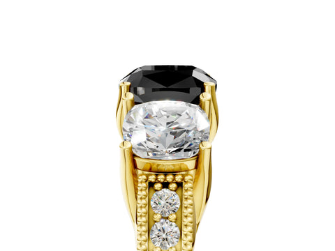 Yellow gold Three-Stone Fancy Black Cushion Cut Cut Milgrain Pavé Engagement Ring_5