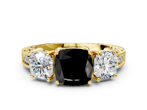 Yellow gold Three-Stone Fancy Black Cushion Cut Cut Milgrain Pavé Engagement Ring