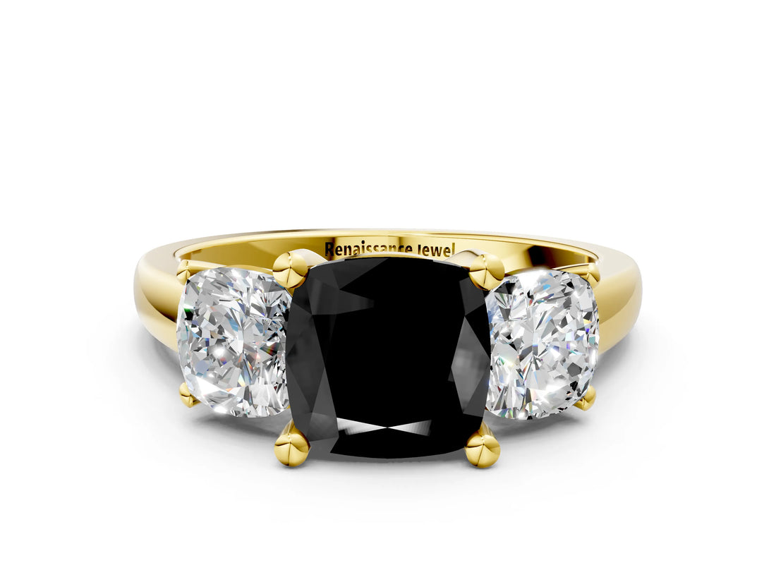 Yellow gold Three-Stone Fancy Black Cushion Cut Cut Solitaire Ring with Classic Prong Setting