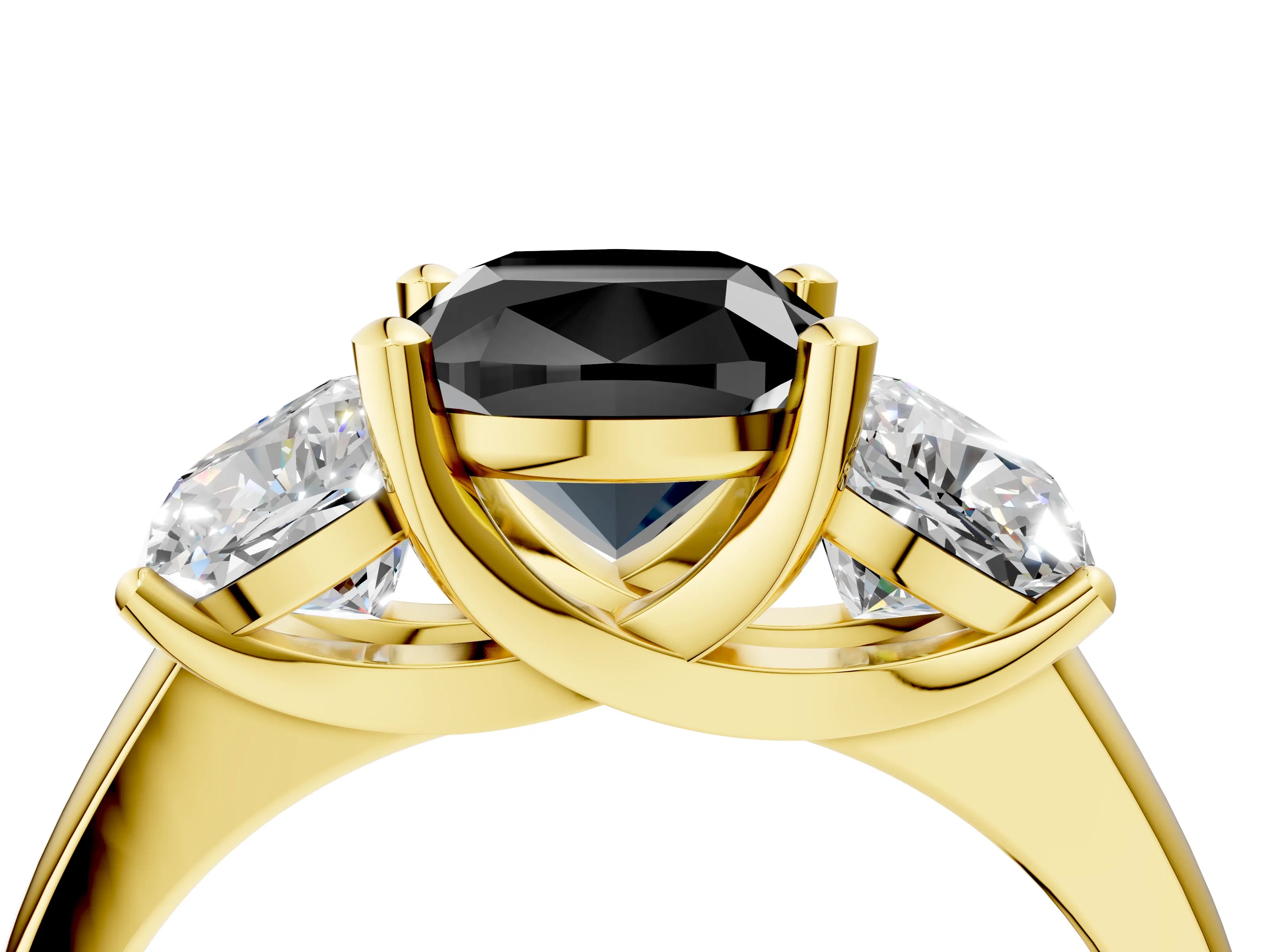 Yellow gold Three-Stone Fancy Black Cushion Cut Cut Solitaire Ring with Classic Prong Setting_4