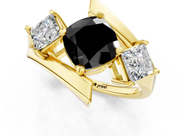 Yellow gold Three-Stone Fancy Black Cushion Cut Cut Tension Band Ring with Four-Prong Setting