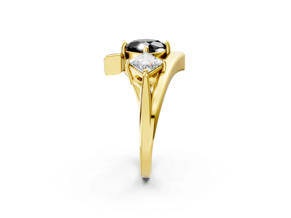 Yellow gold Three-Stone Fancy Black Cushion Cut Cut Tension Band Ring with Four-Prong Setting