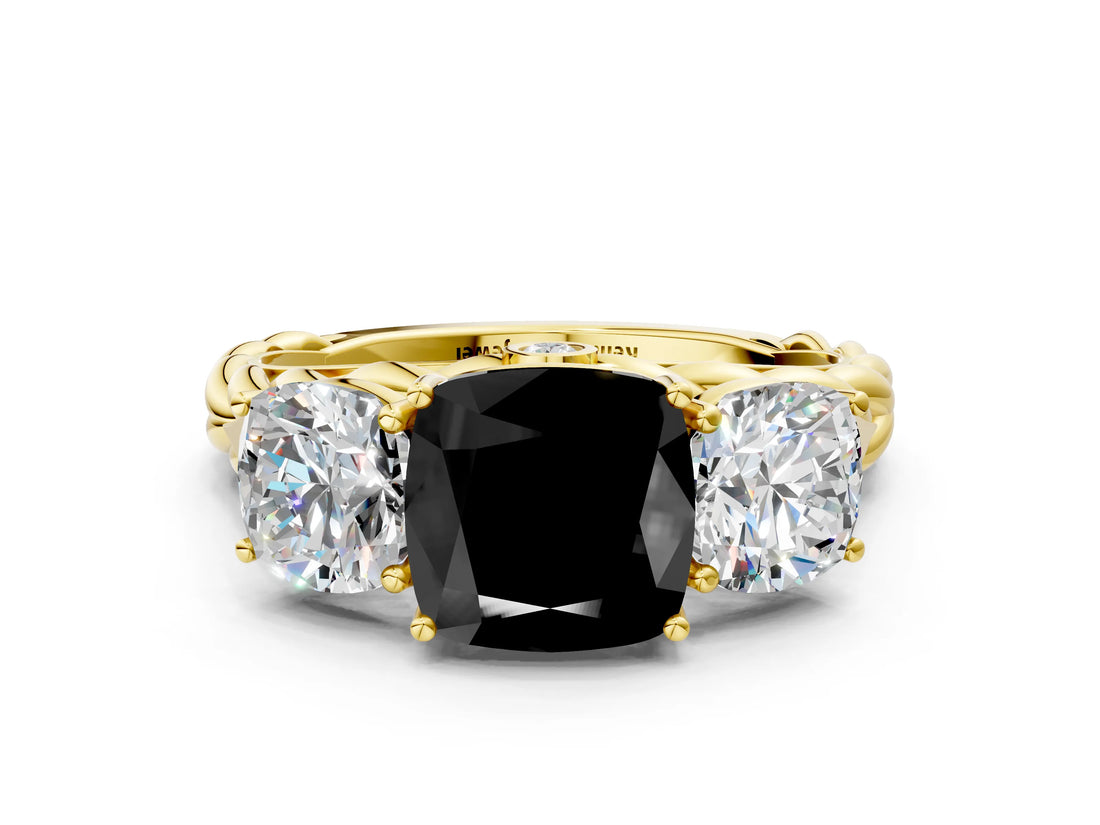 Yellow gold Three-Stone Fancy Black Cushion Cut Diamond Braided Band Ring with Four-Prong Setting_12