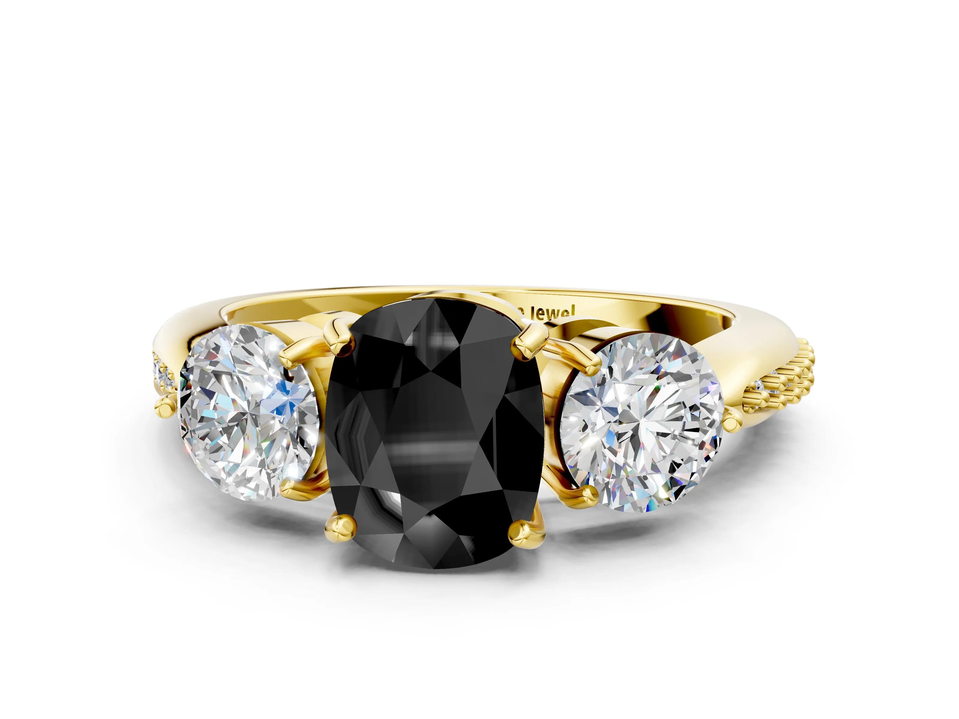 Yellow gold Three-Stone Fancy Black Cushion Cut Diamond Channel Set Engagement Ring with Prong Setting