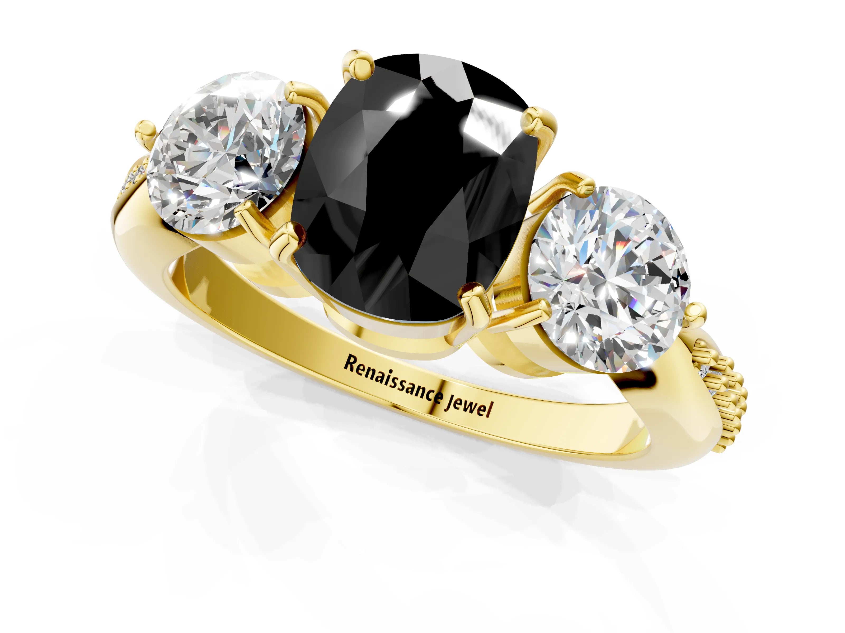 Yellow gold Three-Stone Fancy Black Cushion Cut Diamond Channel Set Engagement Ring with Prong Setting_1