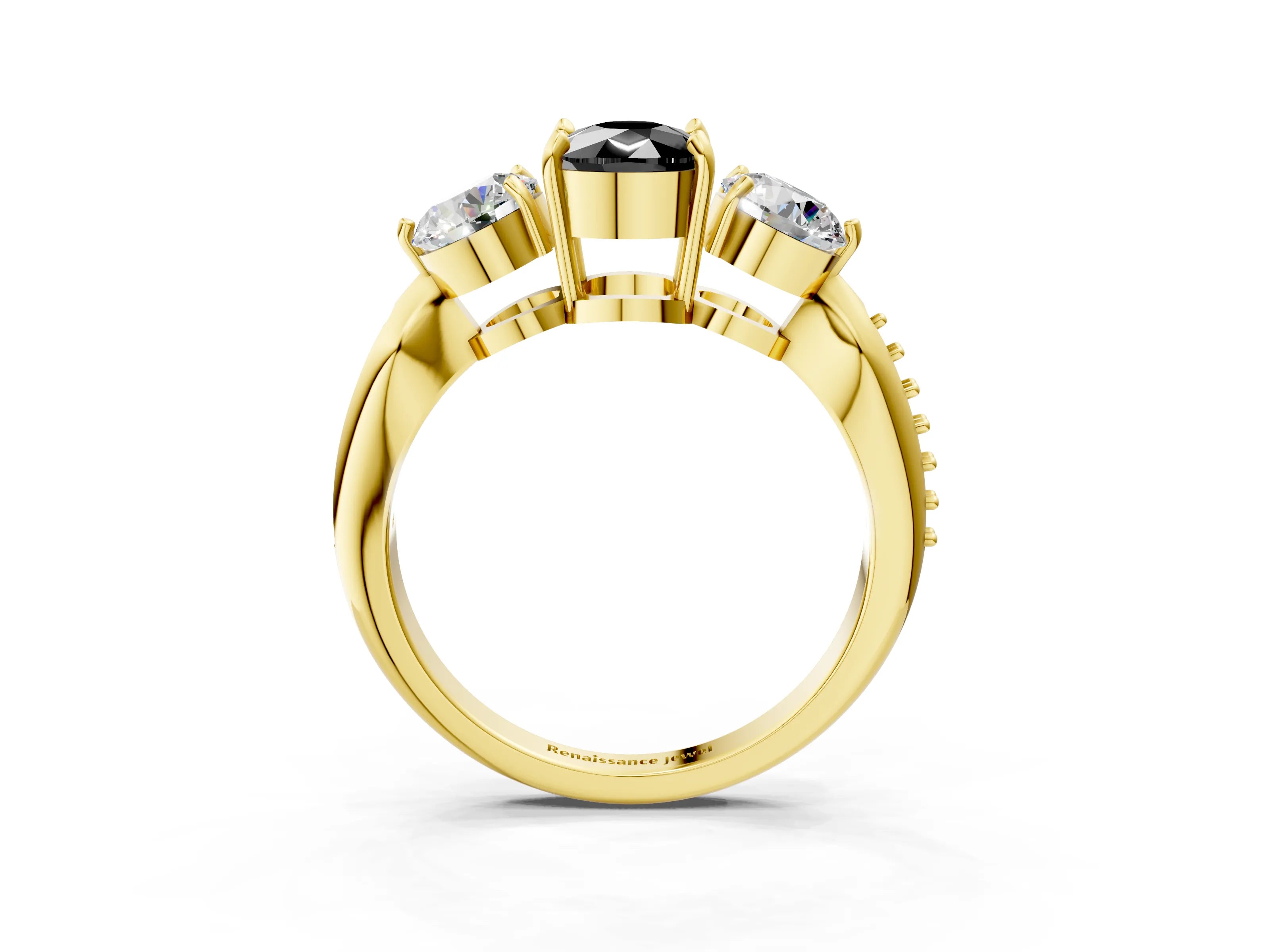 Yellow gold Three-Stone Fancy Black Cushion Cut Diamond Channel Set Engagement Ring with Prong Setting_15