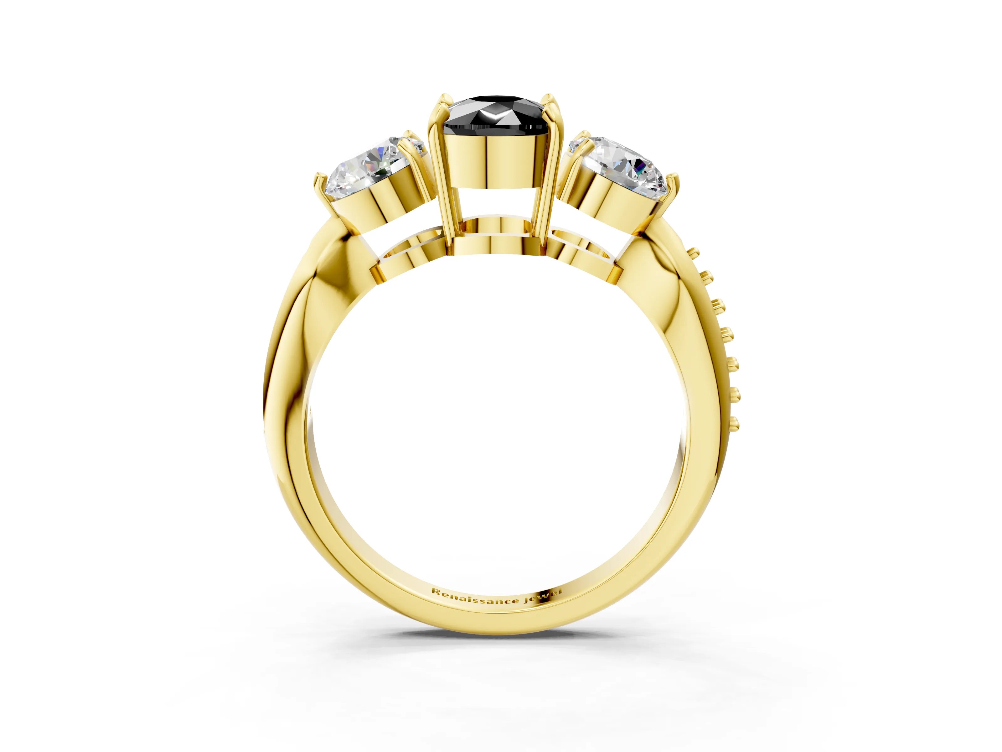 Yellow gold Three-Stone Fancy Black Cushion Cut Diamond Channel Set Engagement Ring with Prong Setting_3