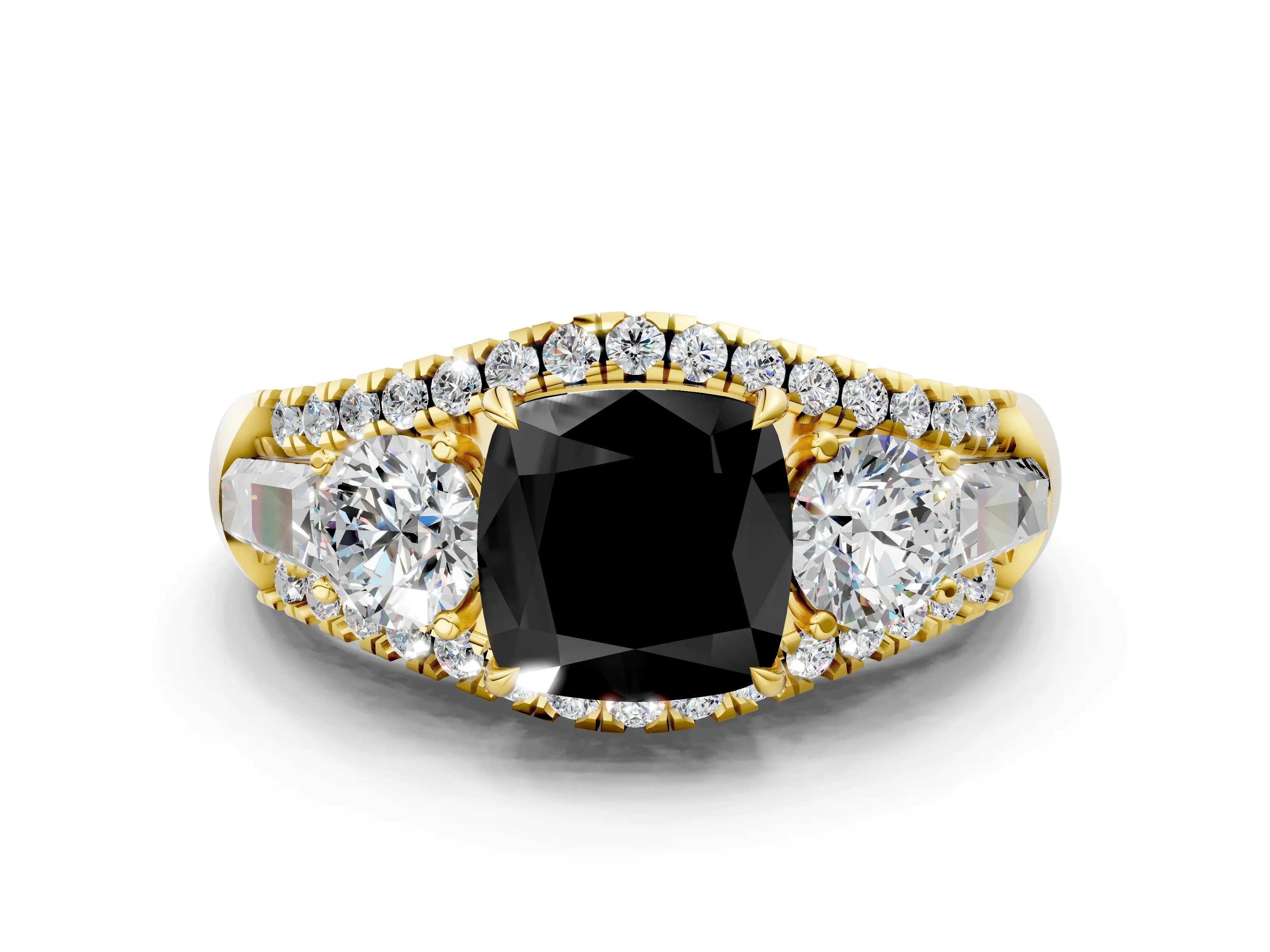 Yellow gold Three-Stone Fancy Black Cushion Cut Diamond Engagement Ring with Pave Band and Prong Setting_12