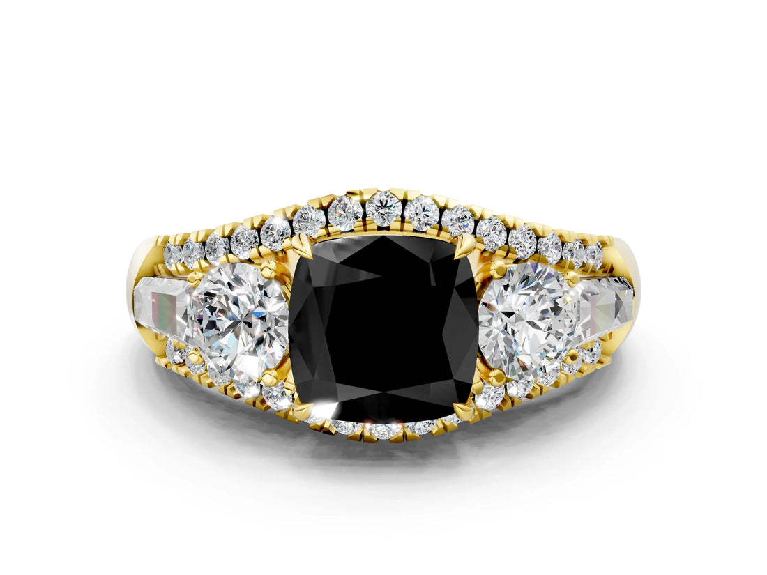 Yellow gold Three-Stone Fancy Black Cushion Cut Diamond Engagement Ring with Pave Band and Prong Setting_12