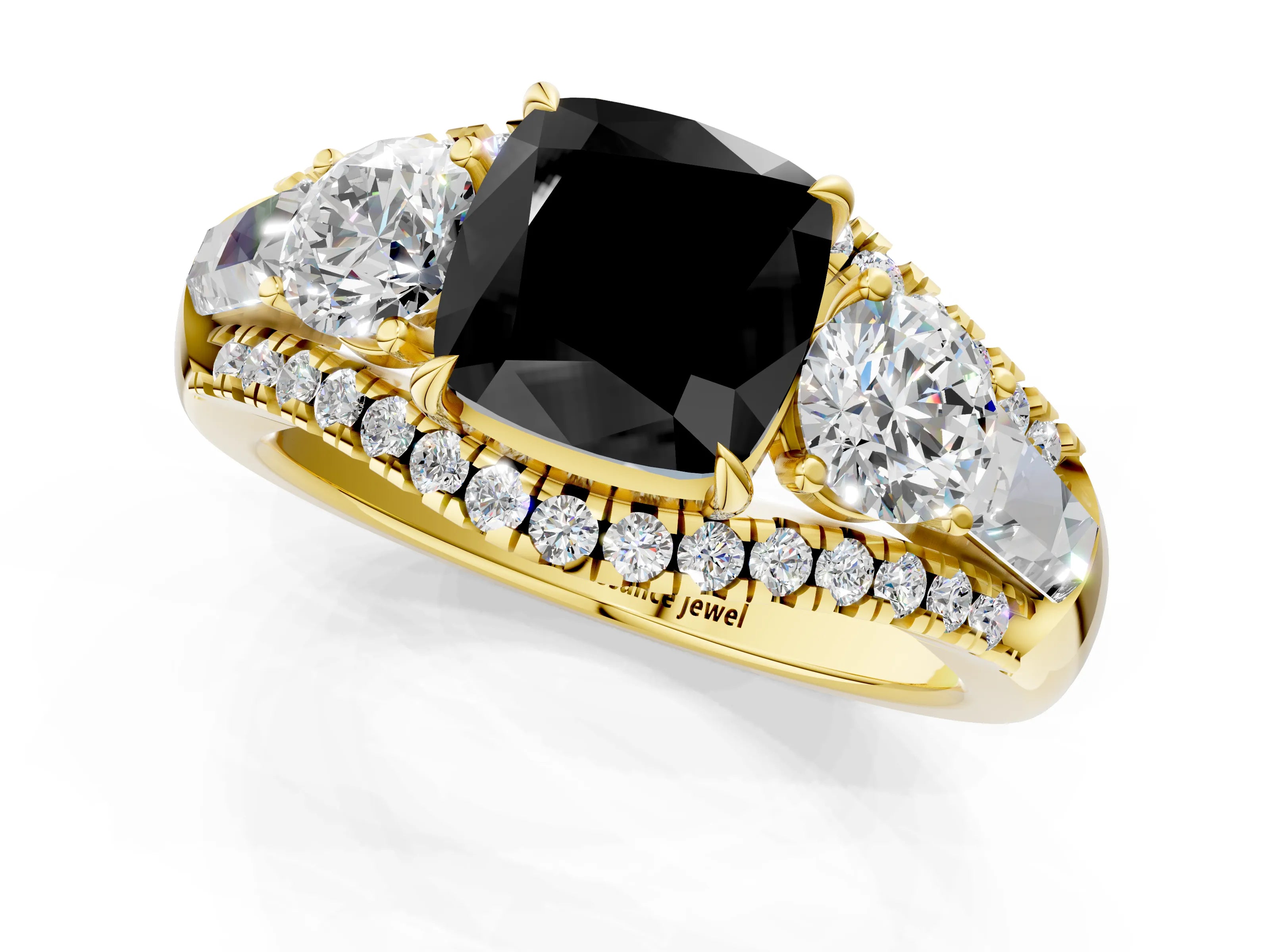 Yellow gold Three-Stone Fancy Black Cushion Cut Diamond Engagement Ring with Pave Band and Prong Setting_13