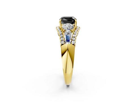 Yellow gold Three-Stone Fancy Black Cushion Cut Diamond Engagement Ring with Pave Band and Prong Setting_14