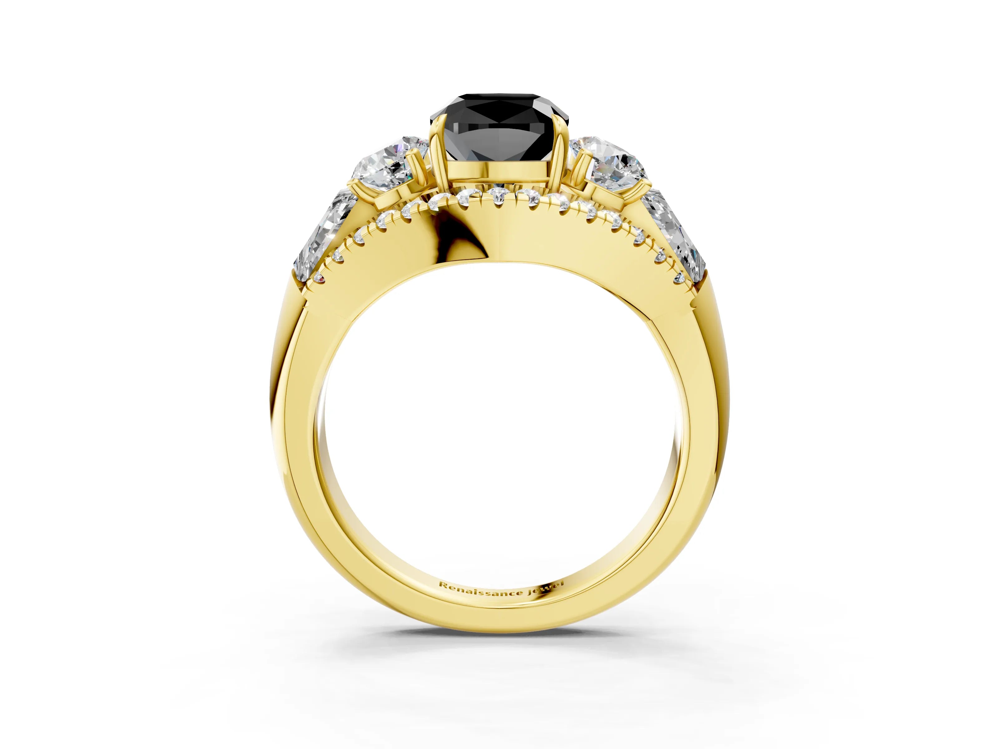Yellow gold Three-Stone Fancy Black Cushion Cut Diamond Engagement Ring with Pave Band and Prong Setting_15