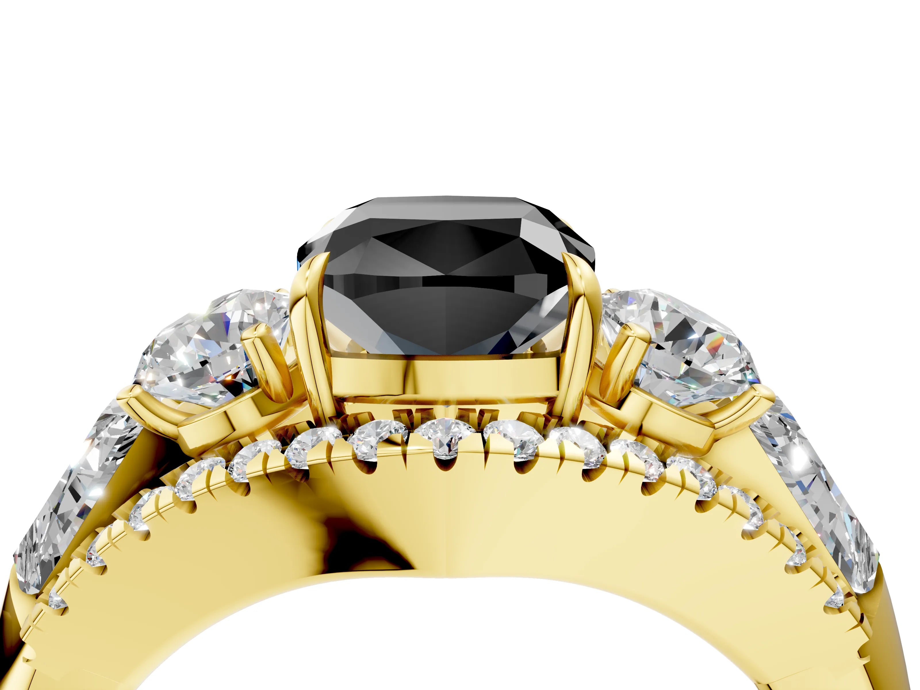 Yellow gold Three-Stone Fancy Black Cushion Cut Diamond Engagement Ring with Pave Band and Prong Setting_16