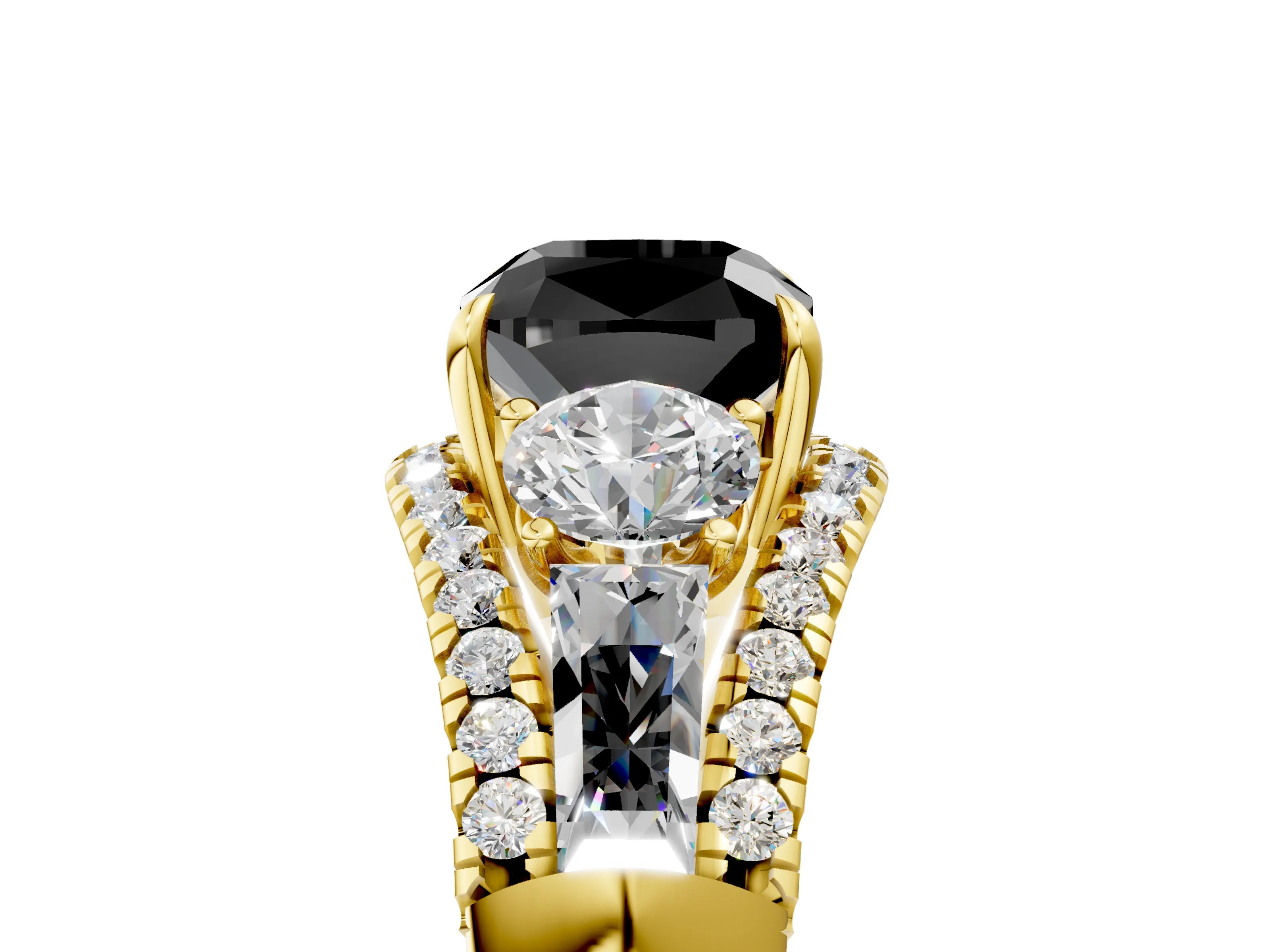 Yellow gold Three-Stone Fancy Black Cushion Cut Diamond Engagement Ring with Pave Band and Prong Setting_17