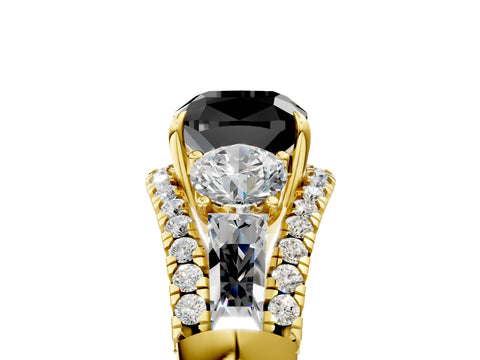 Yellow gold Three-Stone Fancy Black Cushion Cut Diamond Engagement Ring with Pave Band and Prong Setting_17