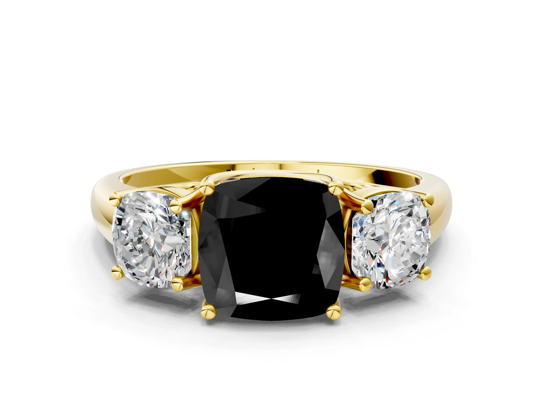 Yellow gold Three-Stone Fancy Black Cushion Cut Diamond Engagement Ring with Prong Setting_3