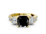 Yellow gold Three-Stone Fancy Black Cushion Cut Diamond Pavé Band with Four-Prong Setting
