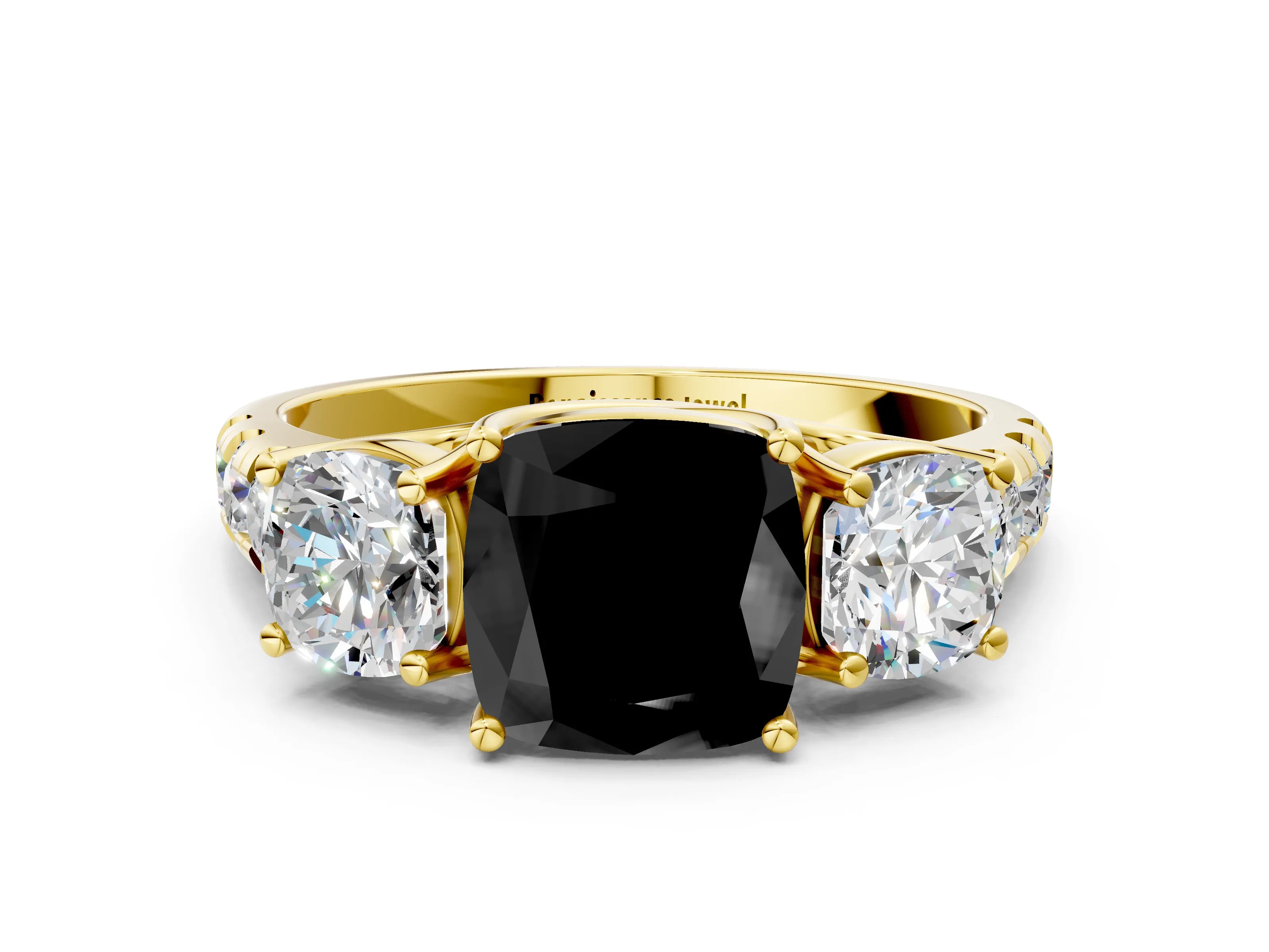 Yellow gold Three-Stone Fancy Black Cushion Cut Diamond Pavé Band with Prong Setting