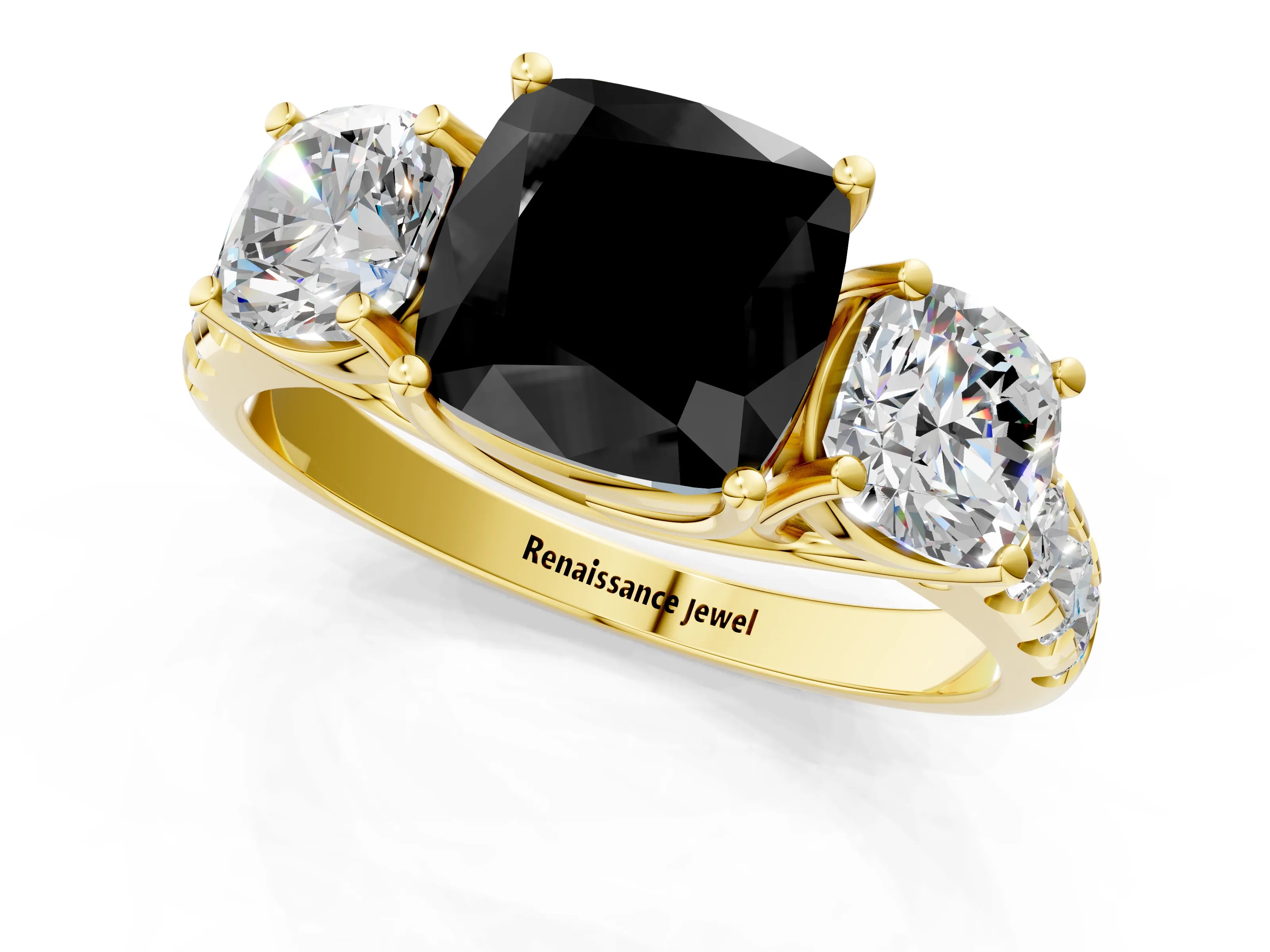 Yellow gold Three-Stone Fancy Black Cushion Cut Diamond Pavé Band with Prong Setting_1