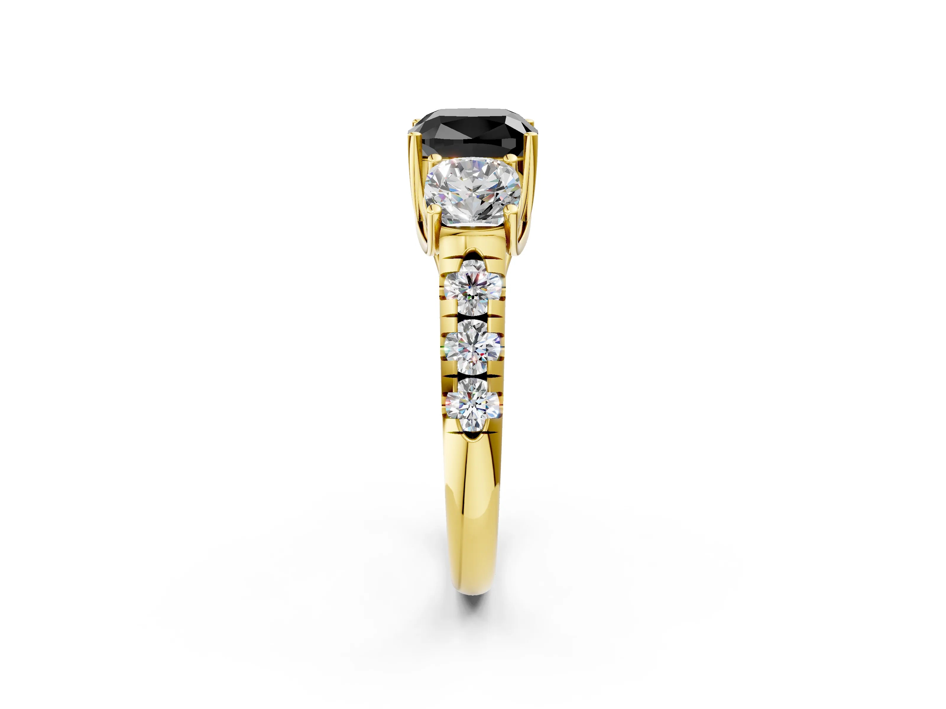 Yellow gold Three-Stone Fancy Black Cushion Cut Diamond Pavé Band with Prong Setting_2