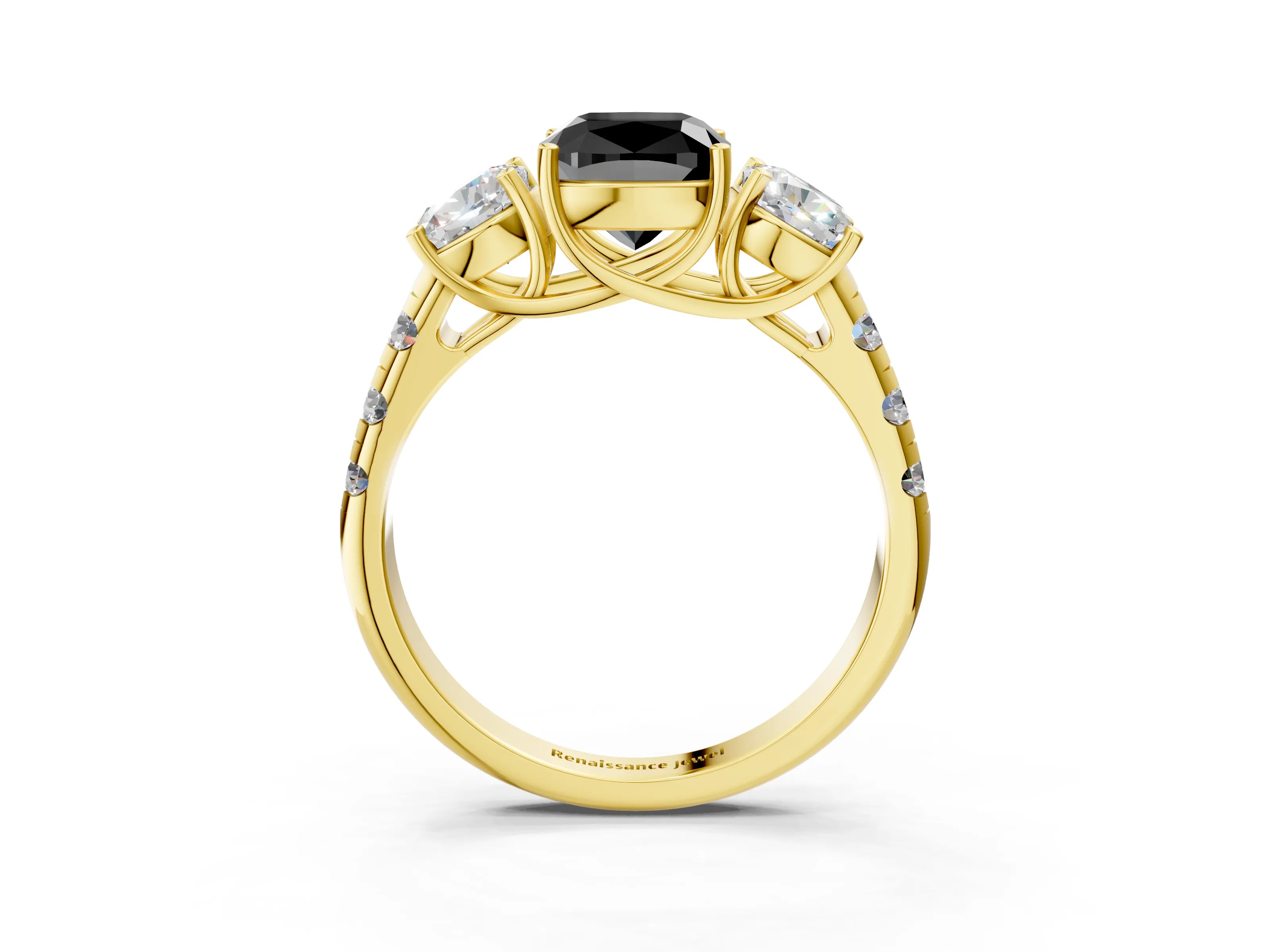 Yellow gold Three-Stone Fancy Black Cushion Cut Diamond Pavé Band with Prong Setting_3