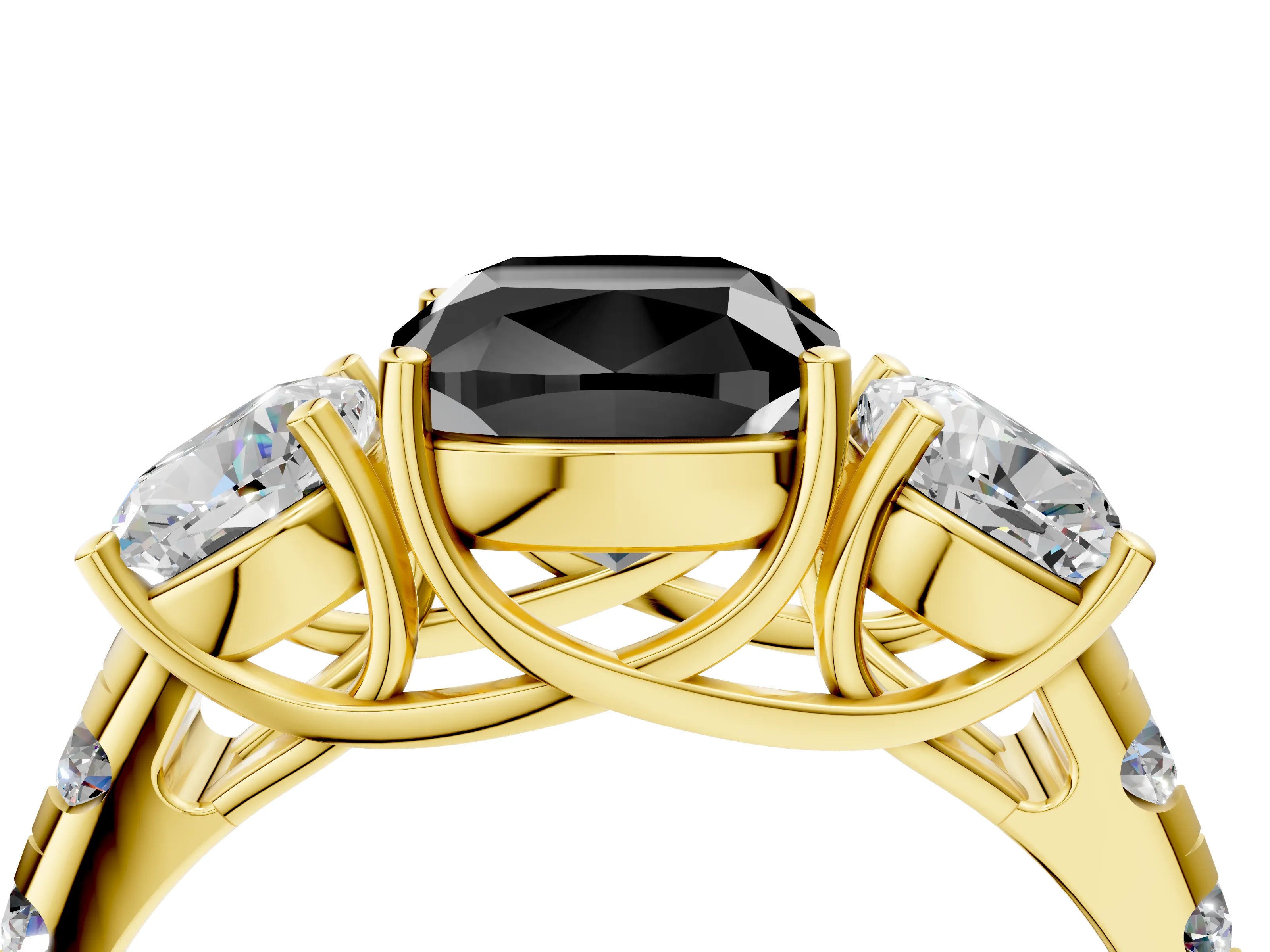 Yellow gold Three-Stone Fancy Black Cushion Cut Diamond Pavé Band with Prong Setting_4