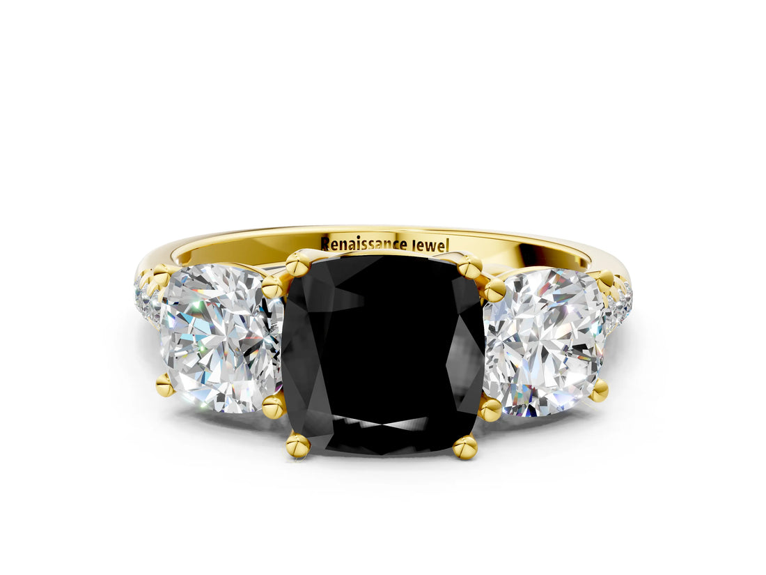 Yellow gold Three-Stone Fancy Black Cushion Cut Diamond Ring with Pavé Band and Prong Setting_24