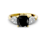 Yellow gold Three-Stone Fancy Black Cushion Cut Diamond Ring with Pear Side Stones and Four-Prong Setting