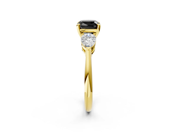Yellow Gold Cushion Cut Three Stone Engagement Ring Setting for Black Center with Pear Side Stones