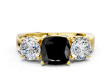 Yellow gold Three-Stone Fancy Black Cushion Cut Diamond Ring with Round Side Stones, Classic Band, and Four-Prong Setting