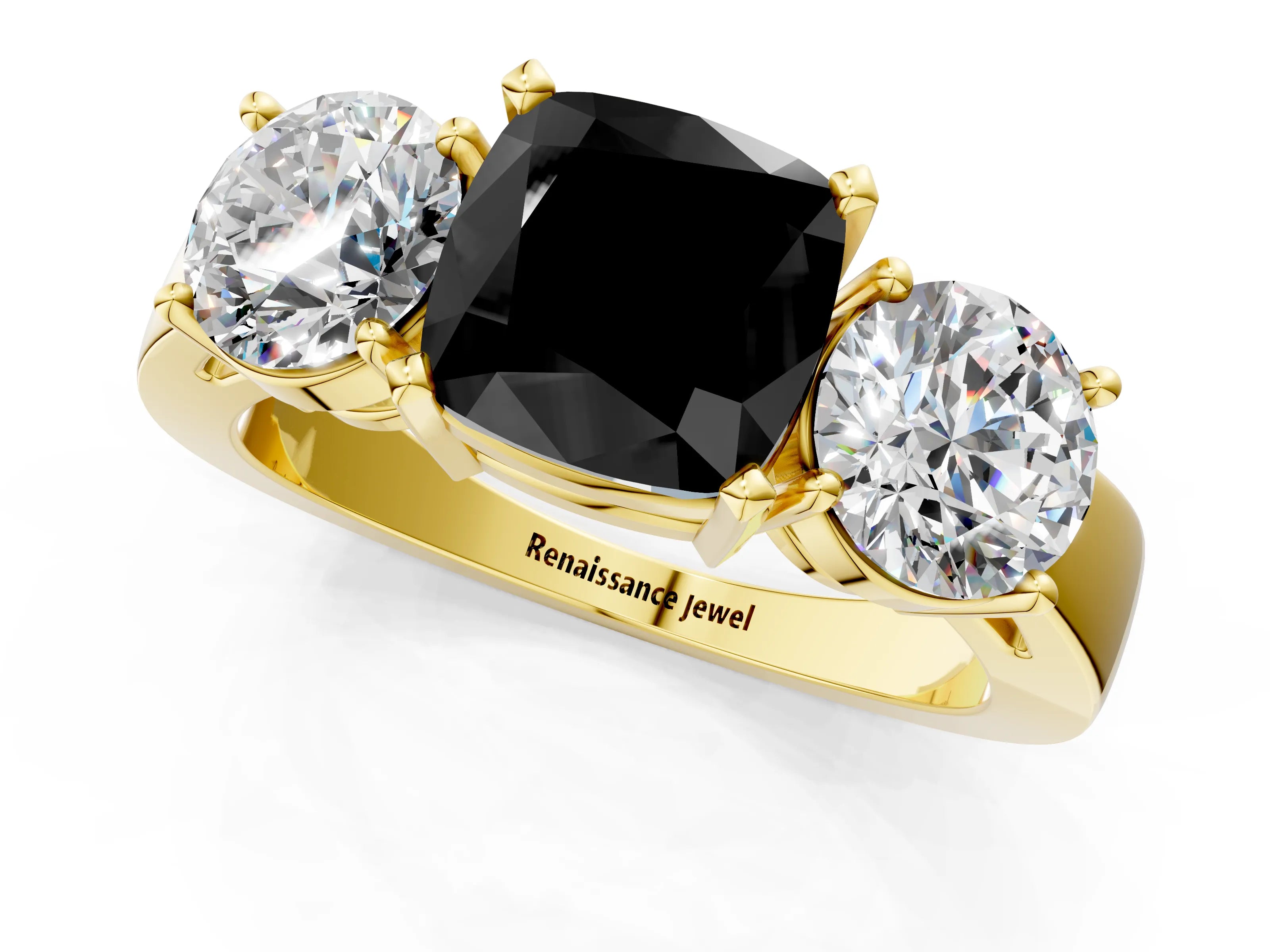 Yellow gold Three-Stone Fancy Black Cushion Cut Diamond Ring with Round Side Stones, Classic Band, and Four-Prong Setting_1