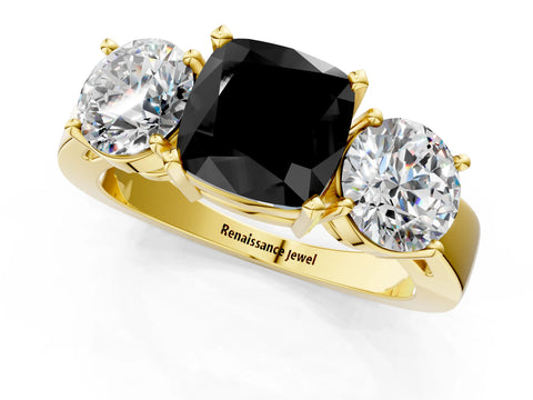 Yellow gold Three-Stone Fancy Black Cushion Cut Diamond Ring with Round Side Stones, Classic Band, and Four-Prong Setting_1