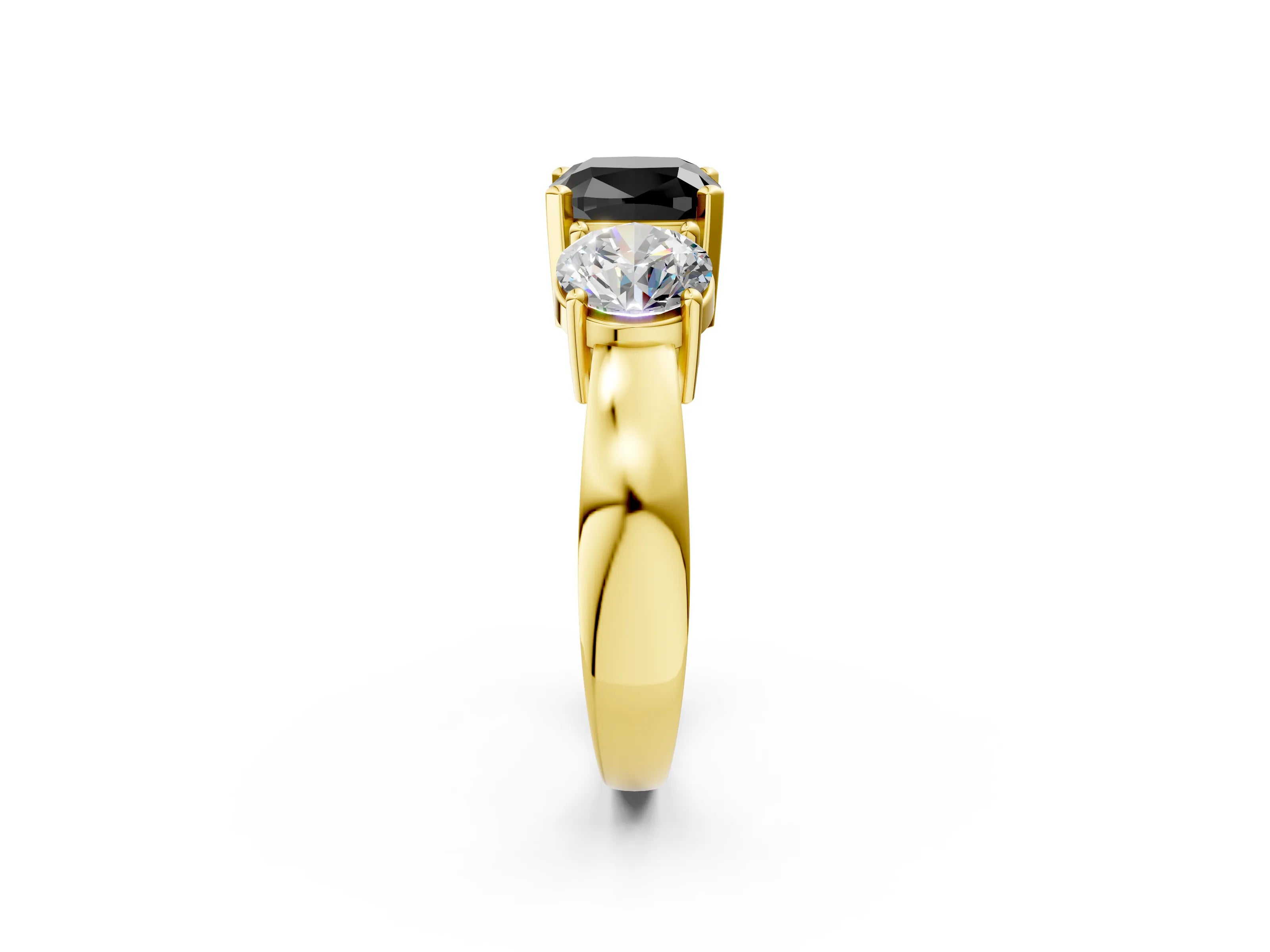 Yellow gold Three-Stone Fancy Black Cushion Cut Diamond Ring with Round Side Stones, Classic Band, and Four-Prong Setting_2